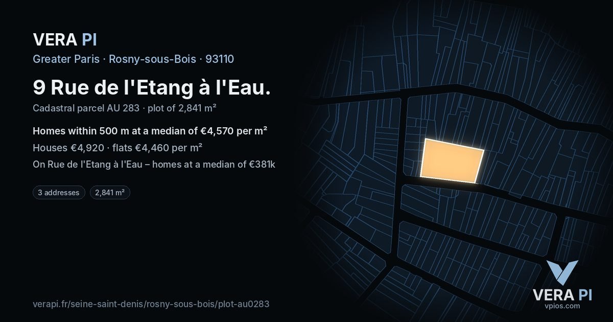 9 Rue de l'Etang à l'Eau, Rosny-sous-Bois at night – the plot lit, the parcels around coloured by the prices near them
