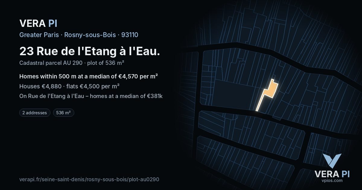 23 Rue de l'Etang à l'Eau, Rosny-sous-Bois at night – the plot lit, the parcels around coloured by the prices near them