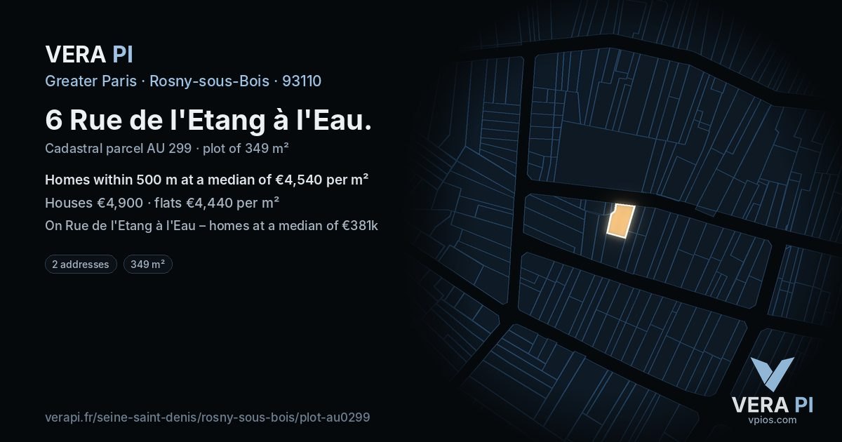 6 Rue de l'Etang à l'Eau, Rosny-sous-Bois at night – the plot lit, the parcels around coloured by the prices near them