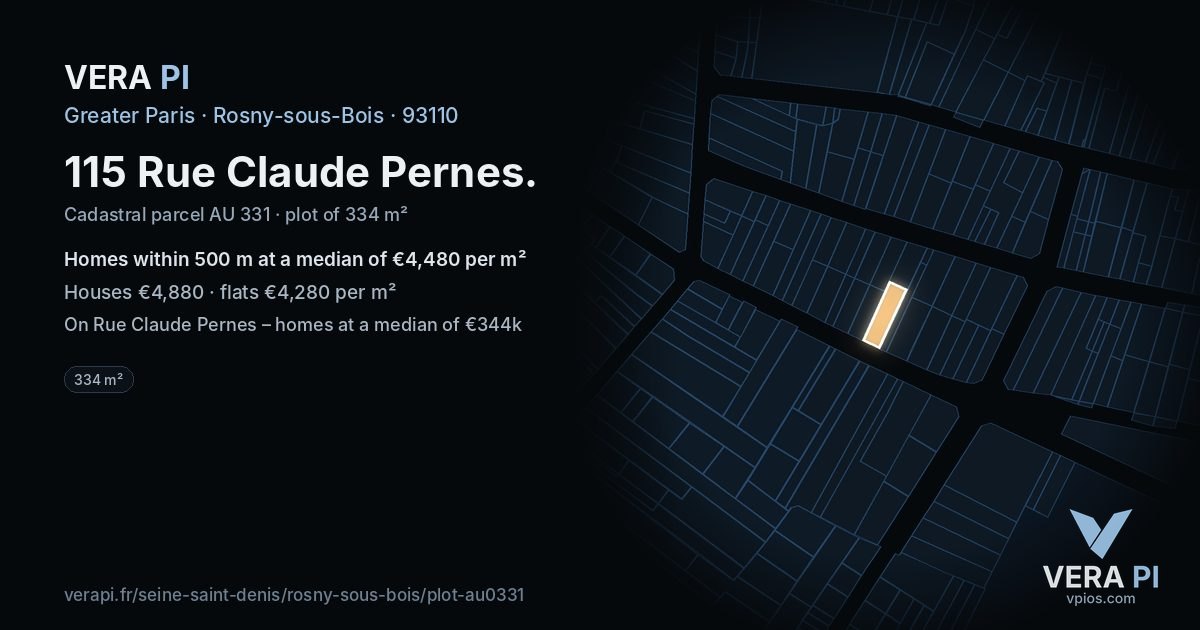 115 Rue Claude Pernes, Rosny-sous-Bois at night – the plot lit, the parcels around coloured by the prices near them