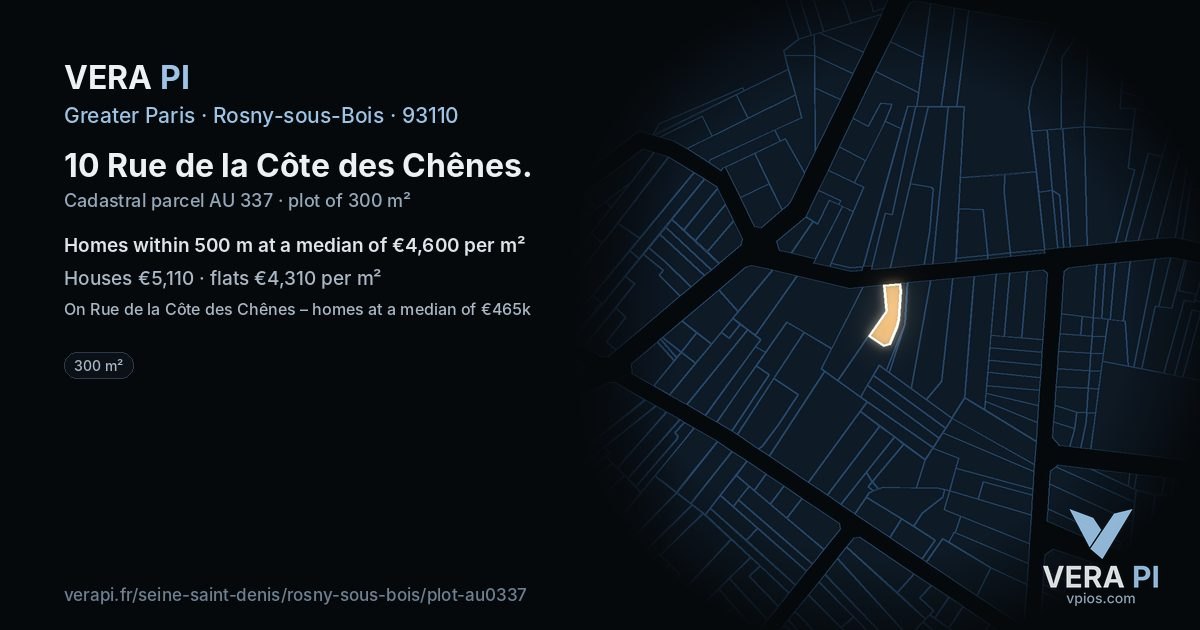 10 Rue de la Côte des Chênes, Rosny-sous-Bois at night – the plot lit, the parcels around coloured by the prices near them