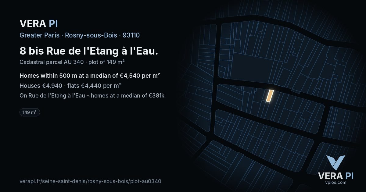 8 bis Rue de l'Etang à l'Eau, Rosny-sous-Bois at night – the plot lit, the parcels around coloured by the prices near them