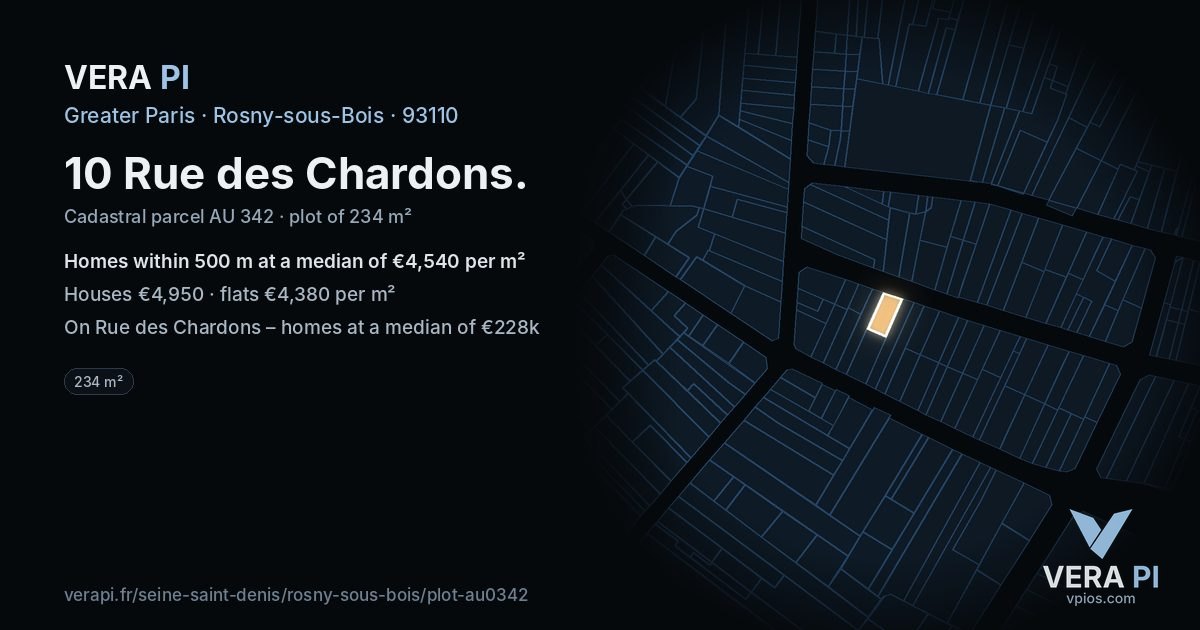 10 Rue des Chardons, Rosny-sous-Bois at night – the plot lit, the parcels around coloured by the prices near them