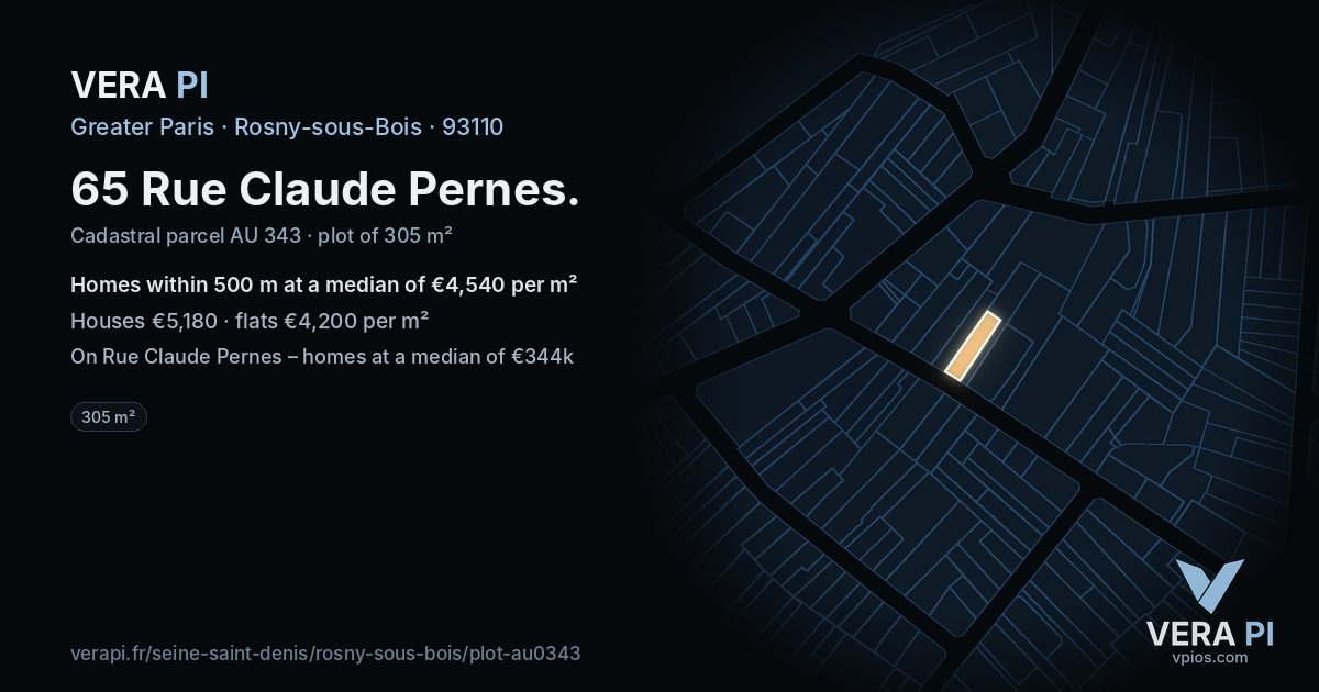 65 Rue Claude Pernes, Rosny-sous-Bois at night – the plot lit, the parcels around coloured by the prices near them