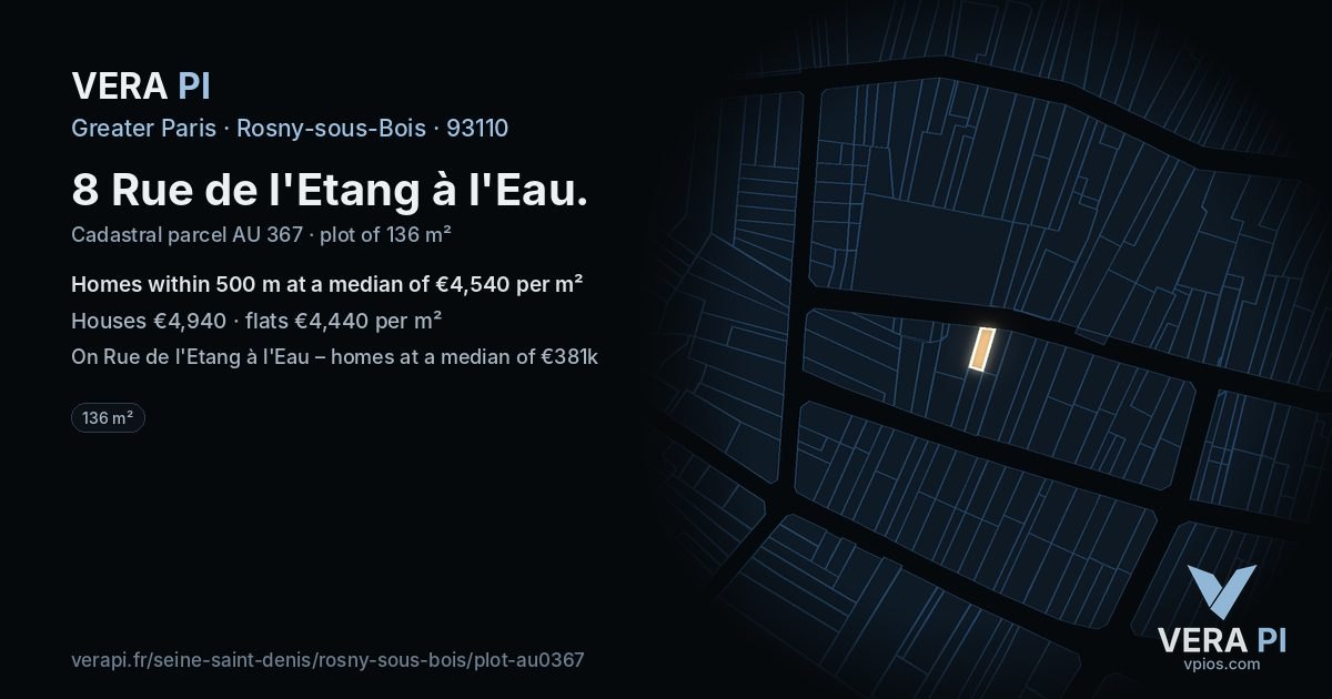 8 Rue de l'Etang à l'Eau, Rosny-sous-Bois at night – the plot lit, the parcels around coloured by the prices near them