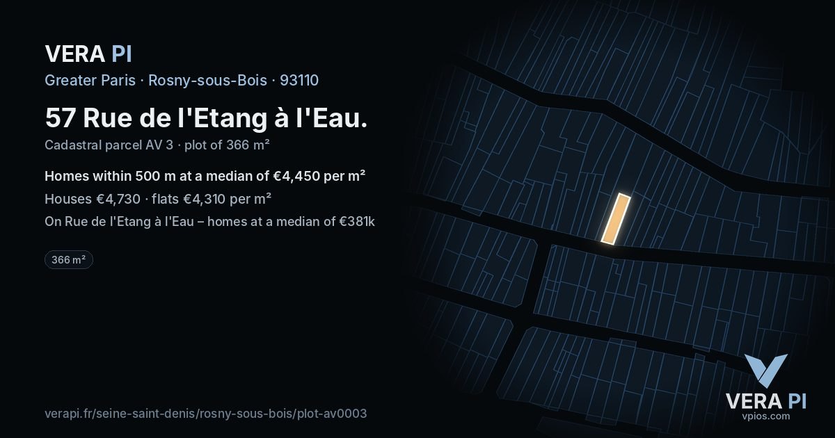 57 Rue de l'Etang à l'Eau, Rosny-sous-Bois at night – the plot lit, the parcels around coloured by the prices near them