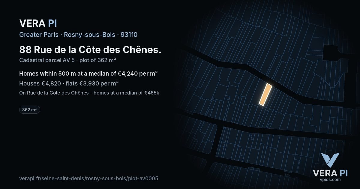 88 Rue de la Côte des Chênes, Rosny-sous-Bois at night – the plot lit, the parcels around coloured by the prices near them