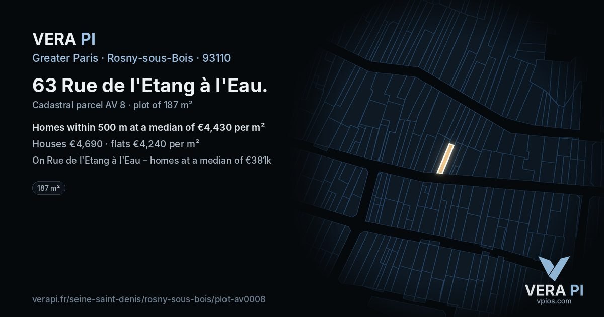 63 Rue de l'Etang à l'Eau, Rosny-sous-Bois at night – the plot lit, the parcels around coloured by the prices near them