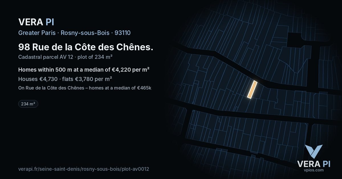 98 Rue de la Côte des Chênes, Rosny-sous-Bois at night – the plot lit, the parcels around coloured by the prices near them