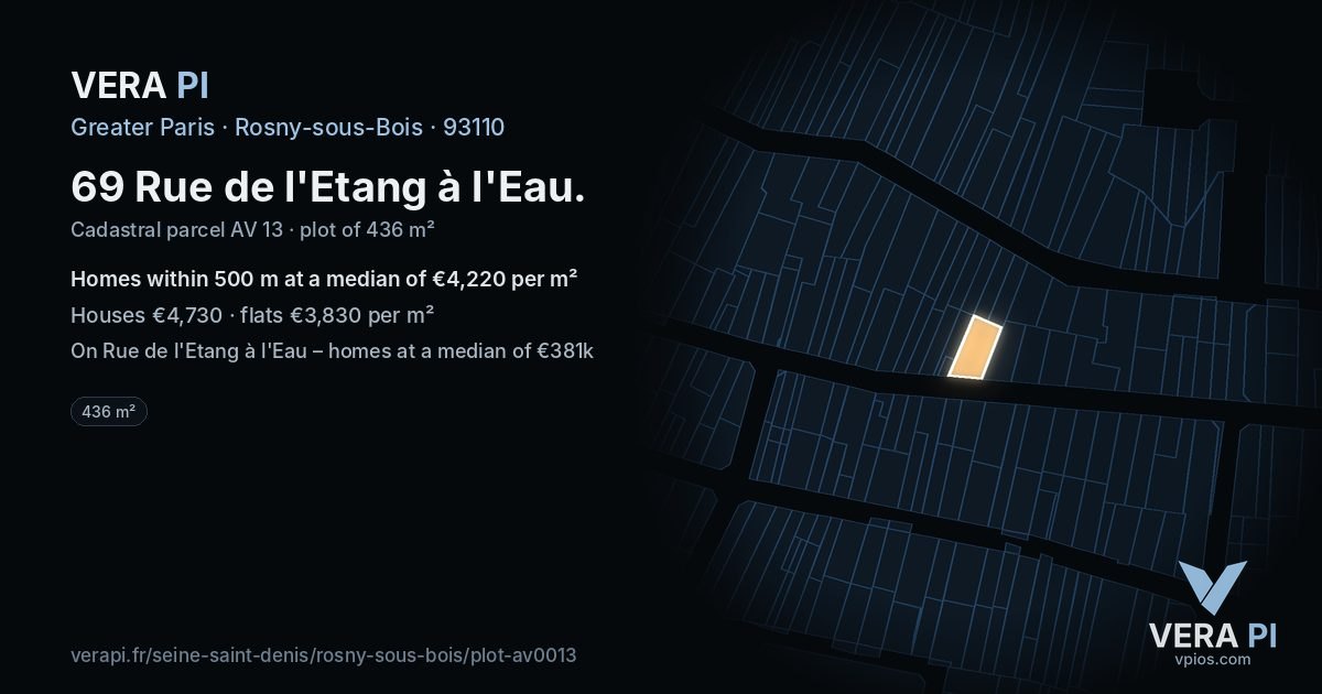 69 Rue de l'Etang à l'Eau, Rosny-sous-Bois at night – the plot lit, the parcels around coloured by the prices near them
