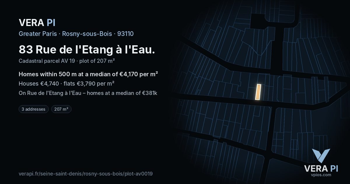 83 Rue de l'Etang à l'Eau, Rosny-sous-Bois at night – the plot lit, the parcels around coloured by the prices near them