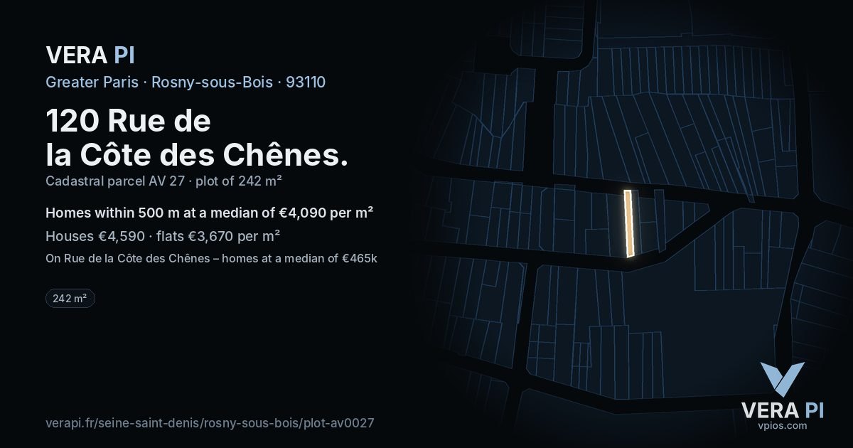 120 Rue de la Côte des Chênes, Rosny-sous-Bois at night – the plot lit, the parcels around coloured by the prices near them