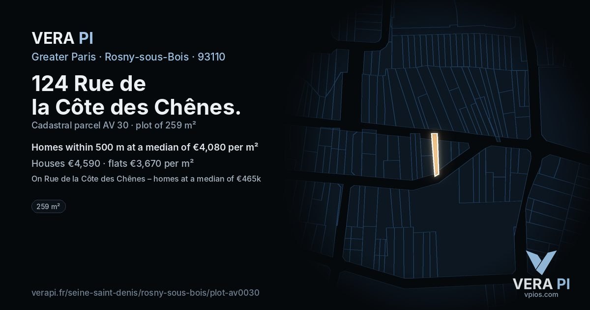 124 Rue de la Côte des Chênes, Rosny-sous-Bois at night – the plot lit, the parcels around coloured by the prices near them