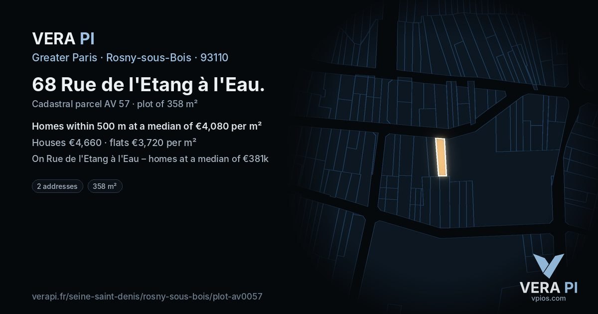 68 Rue de l'Etang à l'Eau, Rosny-sous-Bois at night – the plot lit, the parcels around coloured by the prices near them
