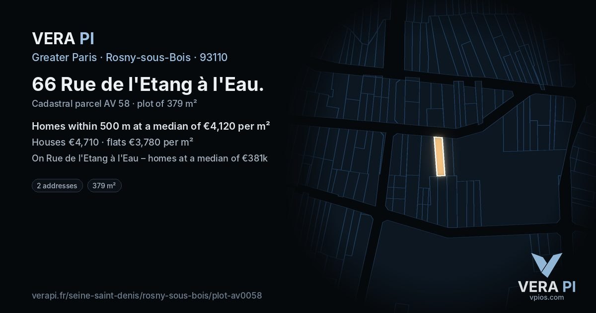 66 Rue de l'Etang à l'Eau, Rosny-sous-Bois at night – the plot lit, the parcels around coloured by the prices near them