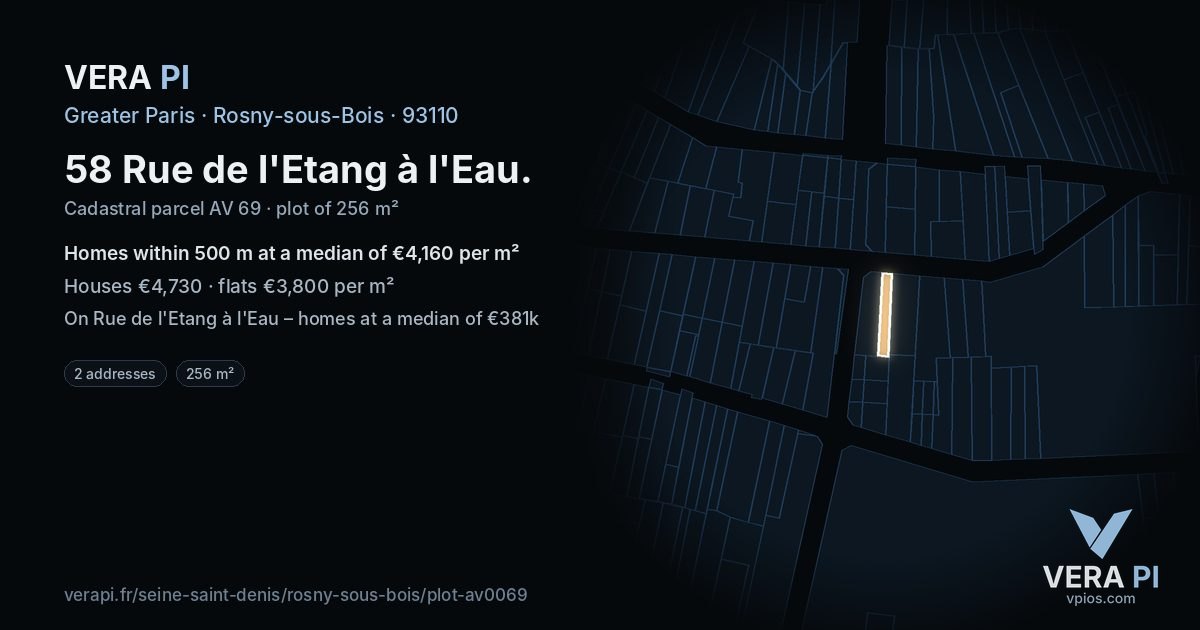58 Rue de l'Etang à l'Eau, Rosny-sous-Bois at night – the plot lit, the parcels around coloured by the prices near them