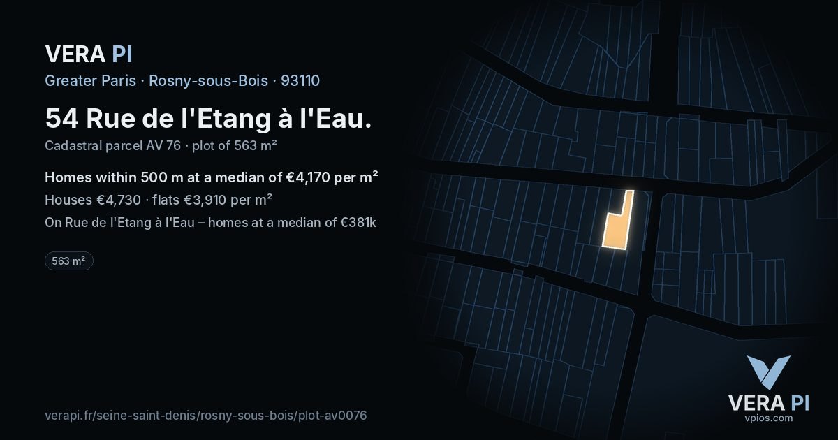 54 Rue de l'Etang à l'Eau, Rosny-sous-Bois at night – the plot lit, the parcels around coloured by the prices near them