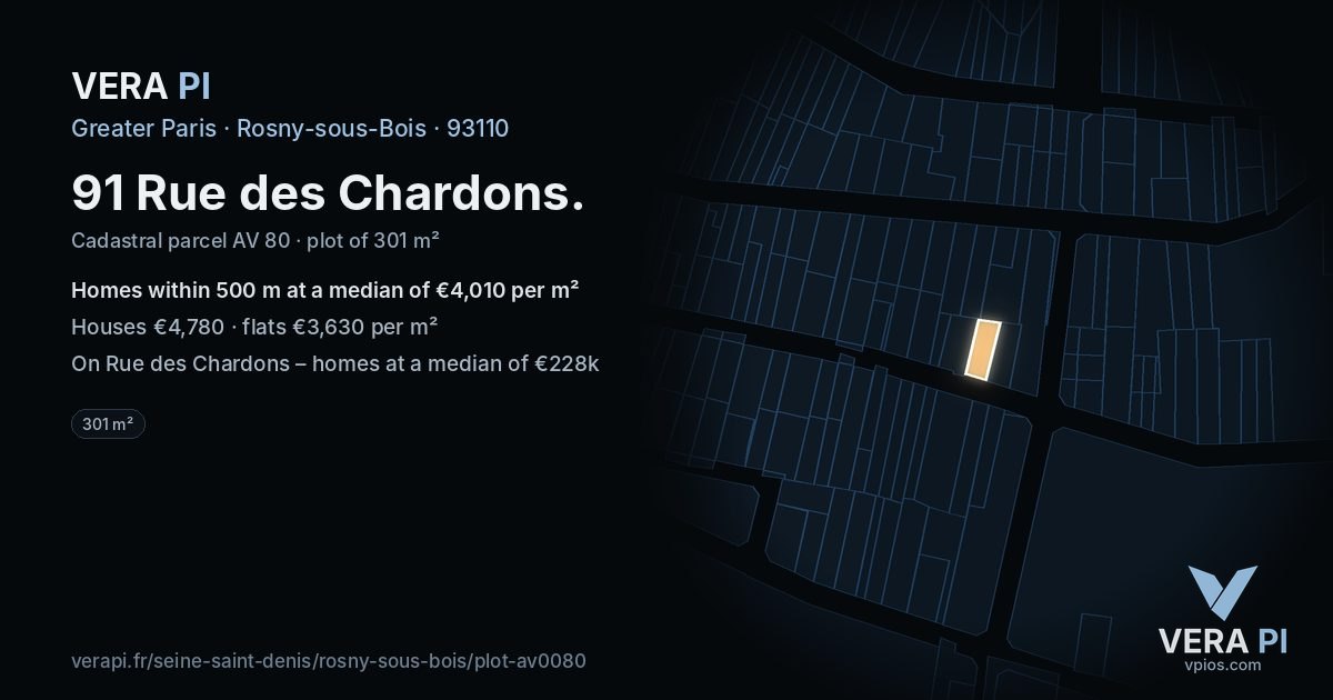 91 Rue des Chardons, Rosny-sous-Bois at night – the plot lit, the parcels around coloured by the prices near them