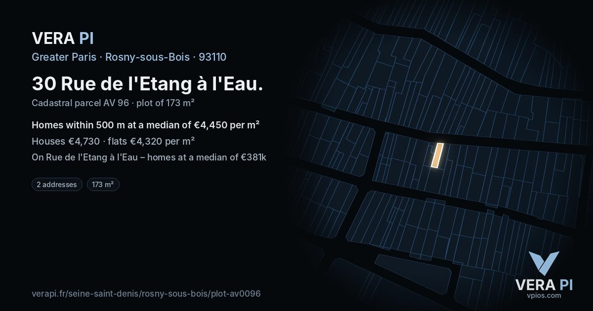 30 Rue de l'Etang à l'Eau, Rosny-sous-Bois at night – the plot lit, the parcels around coloured by the prices near them