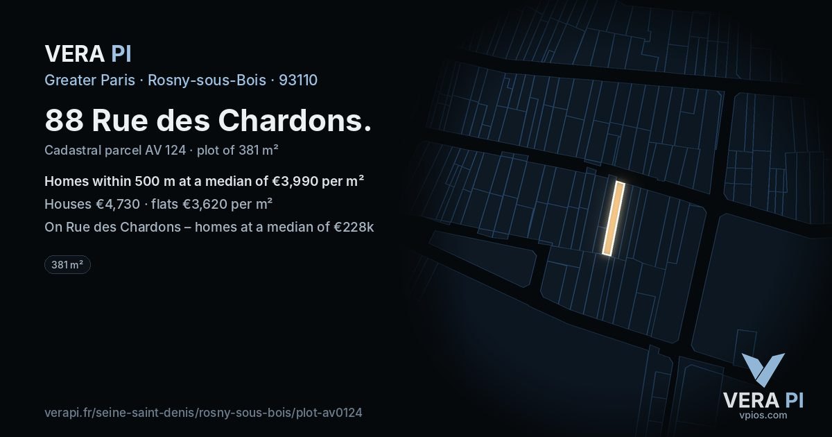 88 Rue des Chardons, Rosny-sous-Bois at night – the plot lit, the parcels around coloured by the prices near them