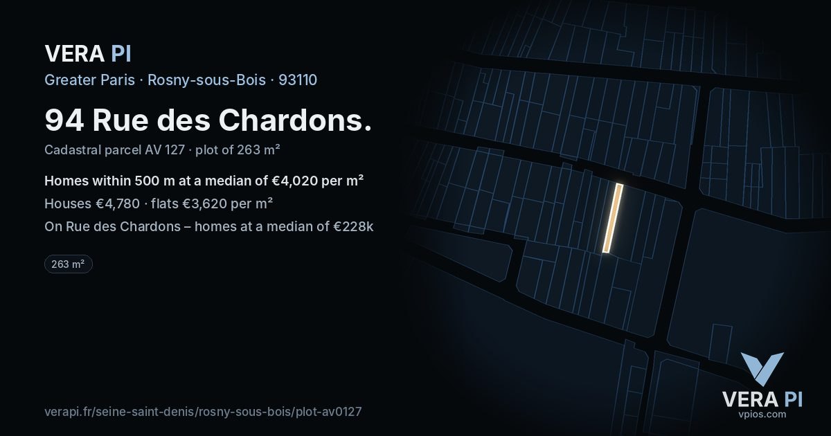 94 Rue des Chardons, Rosny-sous-Bois at night – the plot lit, the parcels around coloured by the prices near them