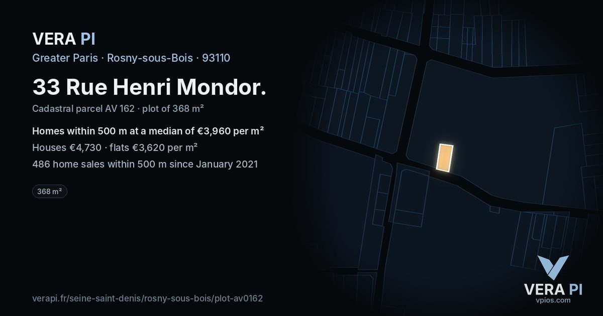 33 Rue Henri Mondor, Rosny-sous-Bois at night – the plot lit, the parcels around coloured by the prices near them