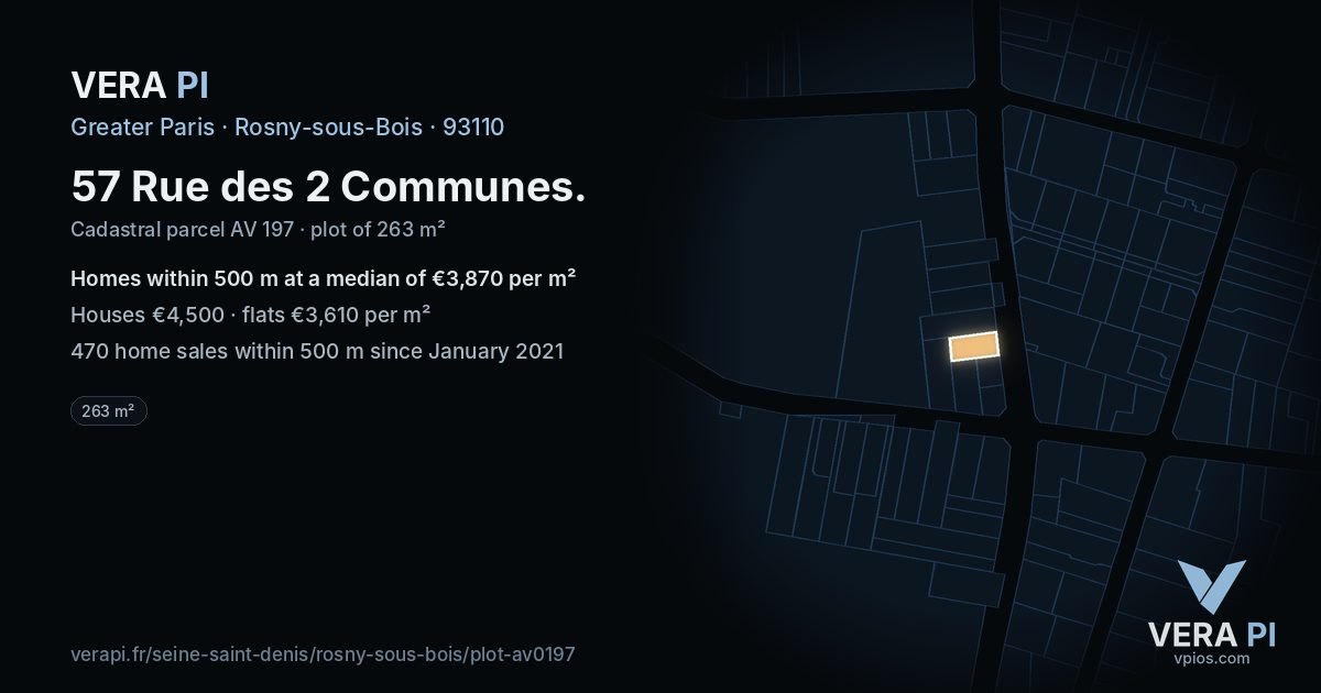 57 Rue des 2 Communes, Rosny-sous-Bois at night – the plot lit, the parcels around coloured by the prices near them