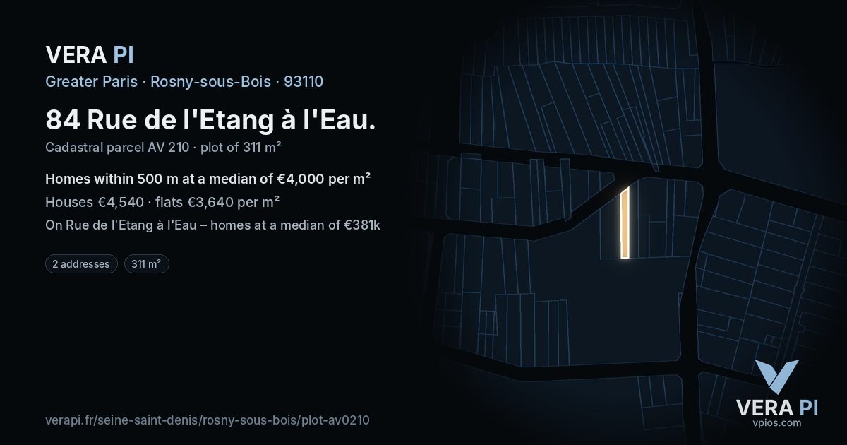 84 Rue de l'Etang à l'Eau, Rosny-sous-Bois at night – the plot lit, the parcels around coloured by the prices near them