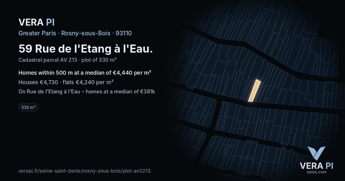 59 Rue de l'Etang à l'Eau, Rosny-sous-Bois at night – the plot lit, the parcels around coloured by the prices near them