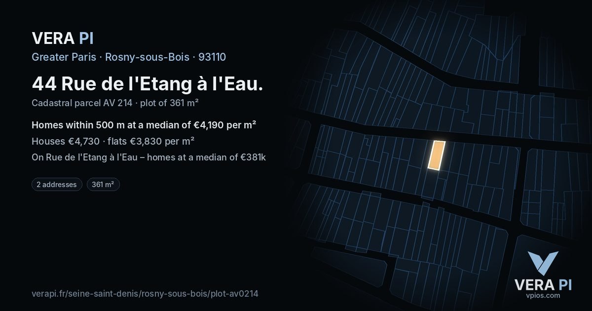 44 Rue de l'Etang à l'Eau, Rosny-sous-Bois at night – the plot lit, the parcels around coloured by the prices near them