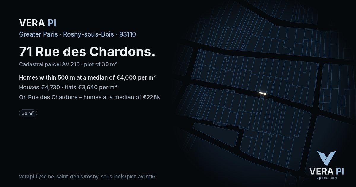 71 Rue des Chardons, Rosny-sous-Bois at night – the plot lit, the parcels around coloured by the prices near them