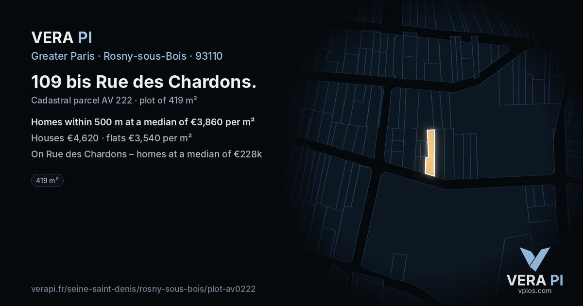 109 bis Rue des Chardons, Rosny-sous-Bois at night – the plot lit, the parcels around coloured by the prices near them