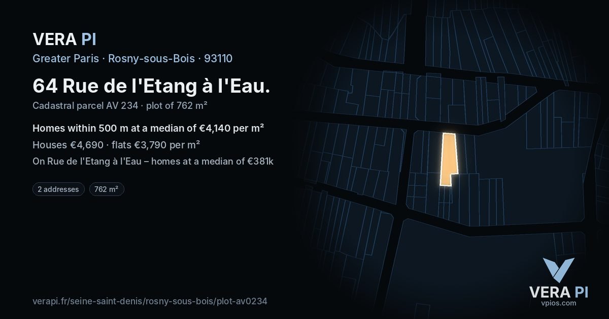 64 Rue de l'Etang à l'Eau, Rosny-sous-Bois at night – the plot lit, the parcels around coloured by the prices near them