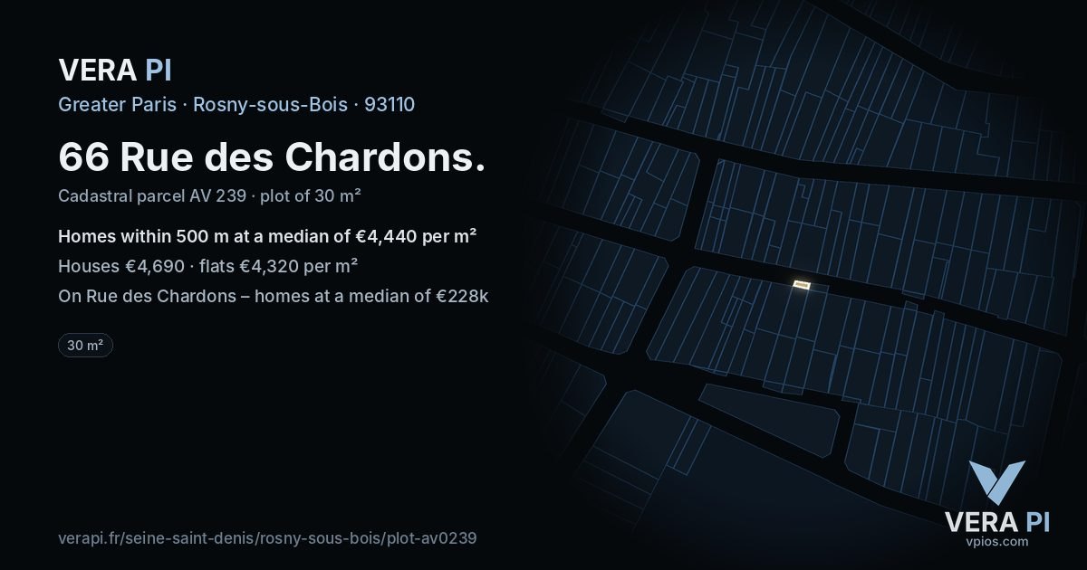 66 Rue des Chardons, Rosny-sous-Bois at night – the plot lit, the parcels around coloured by the prices near them