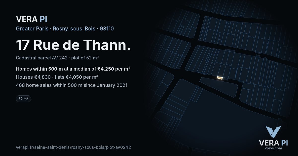 17 Rue de Thann, Rosny-sous-Bois at night – the plot lit, the parcels around coloured by the prices near them