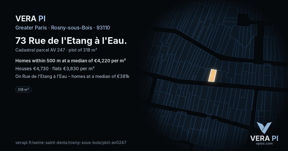 73 Rue de l'Etang à l'Eau, Rosny-sous-Bois at night – the plot lit, the parcels around coloured by the prices near them