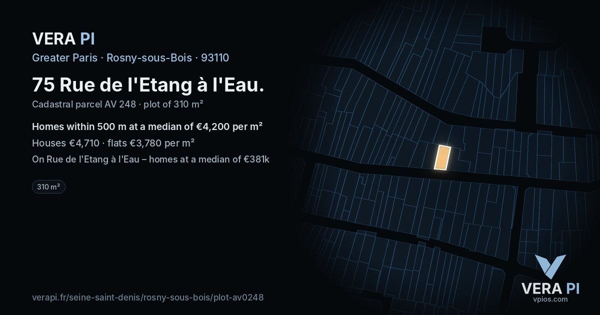 75 Rue de l'Etang à l'Eau, Rosny-sous-Bois at night – the plot lit, the parcels around coloured by the prices near them