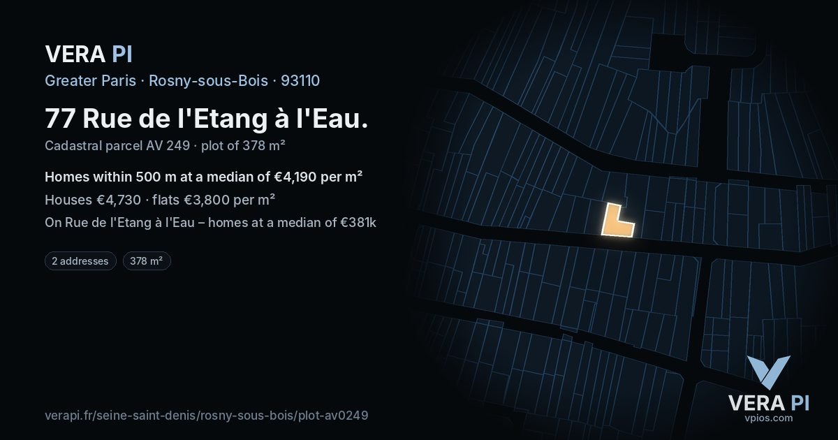 77 Rue de l'Etang à l'Eau, Rosny-sous-Bois at night – the plot lit, the parcels around coloured by the prices near them