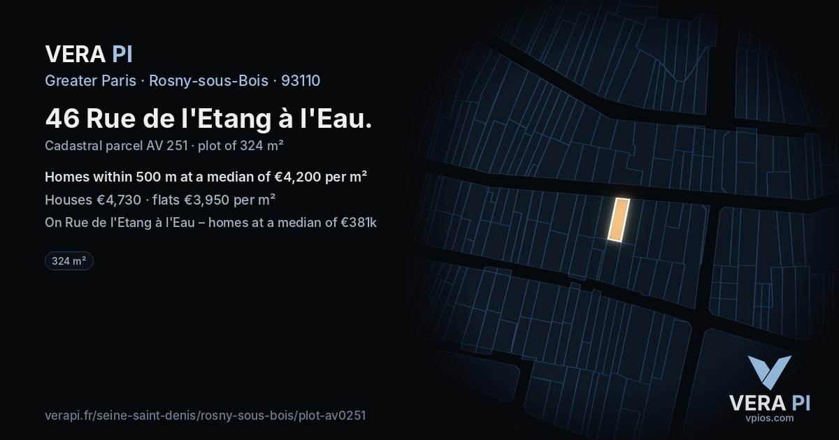 46 Rue de l'Etang à l'Eau, Rosny-sous-Bois at night – the plot lit, the parcels around coloured by the prices near them
