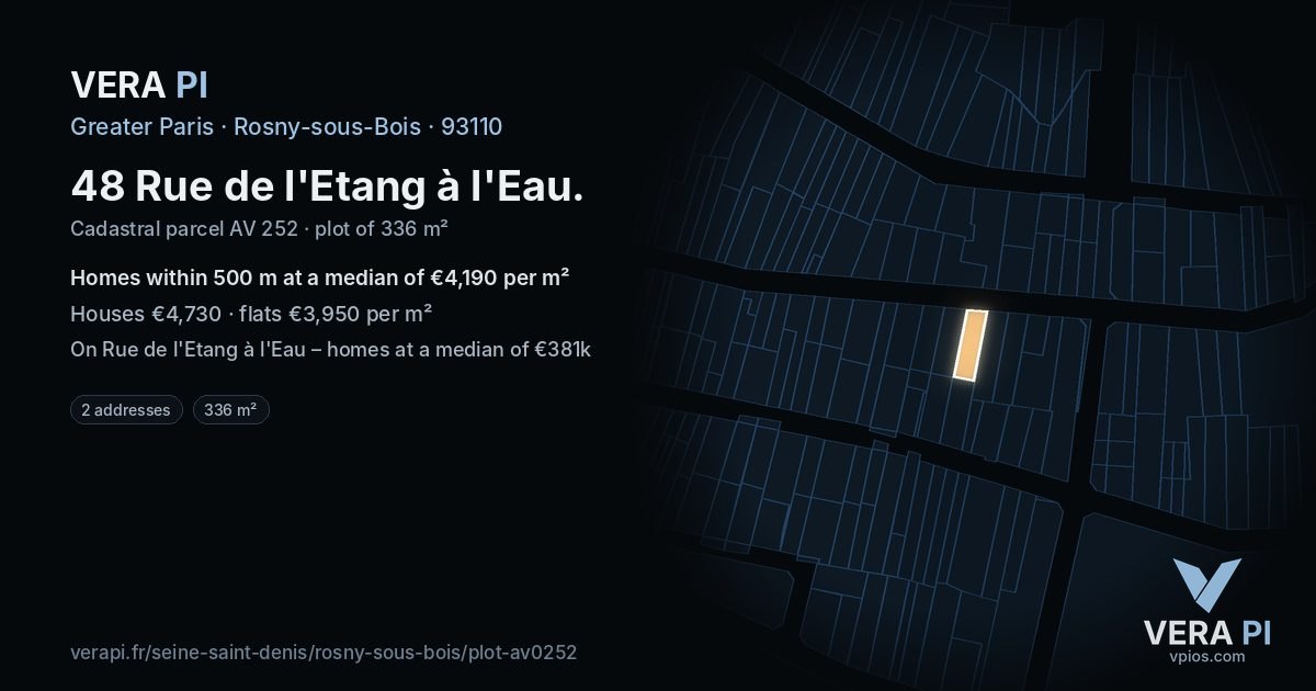 48 Rue de l'Etang à l'Eau, Rosny-sous-Bois at night – the plot lit, the parcels around coloured by the prices near them