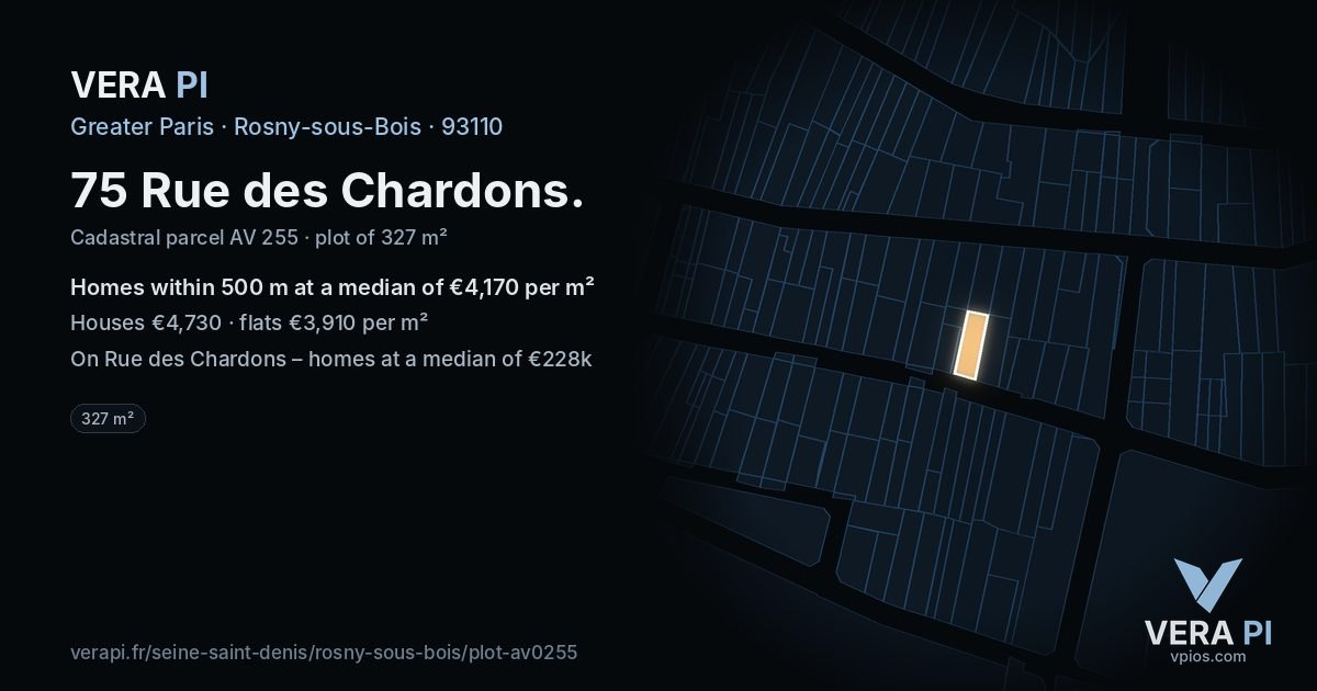 75 Rue des Chardons, Rosny-sous-Bois at night – the plot lit, the parcels around coloured by the prices near them