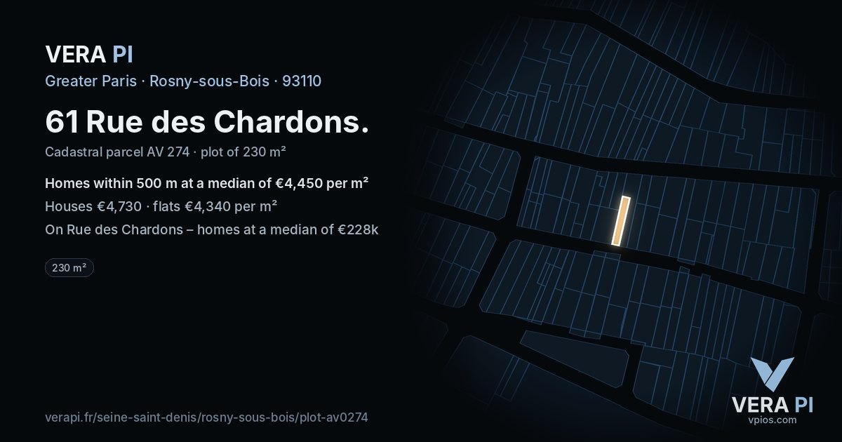 61 Rue des Chardons, Rosny-sous-Bois at night – the plot lit, the parcels around coloured by the prices near them
