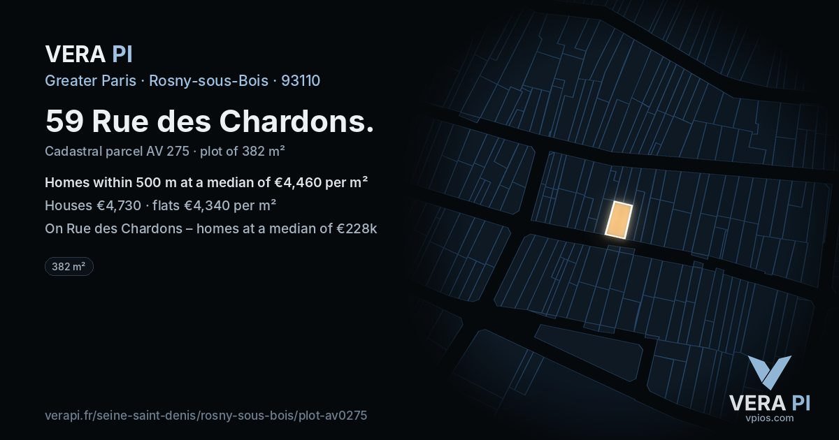 59 Rue des Chardons, Rosny-sous-Bois at night – the plot lit, the parcels around coloured by the prices near them
