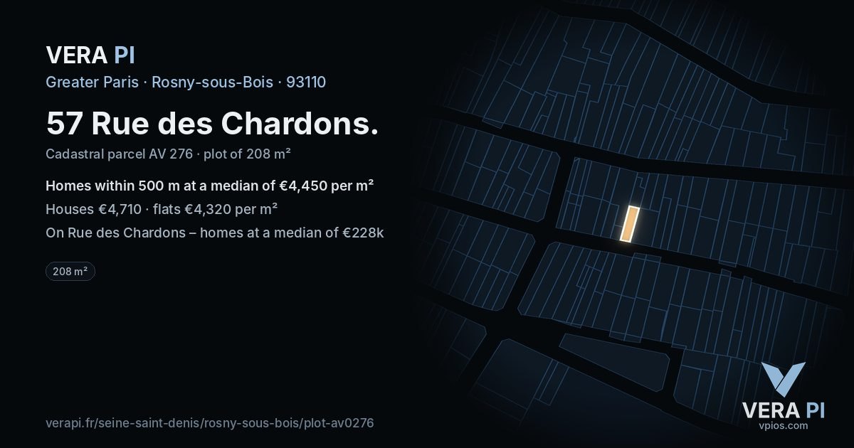 57 Rue des Chardons, Rosny-sous-Bois at night – the plot lit, the parcels around coloured by the prices near them
