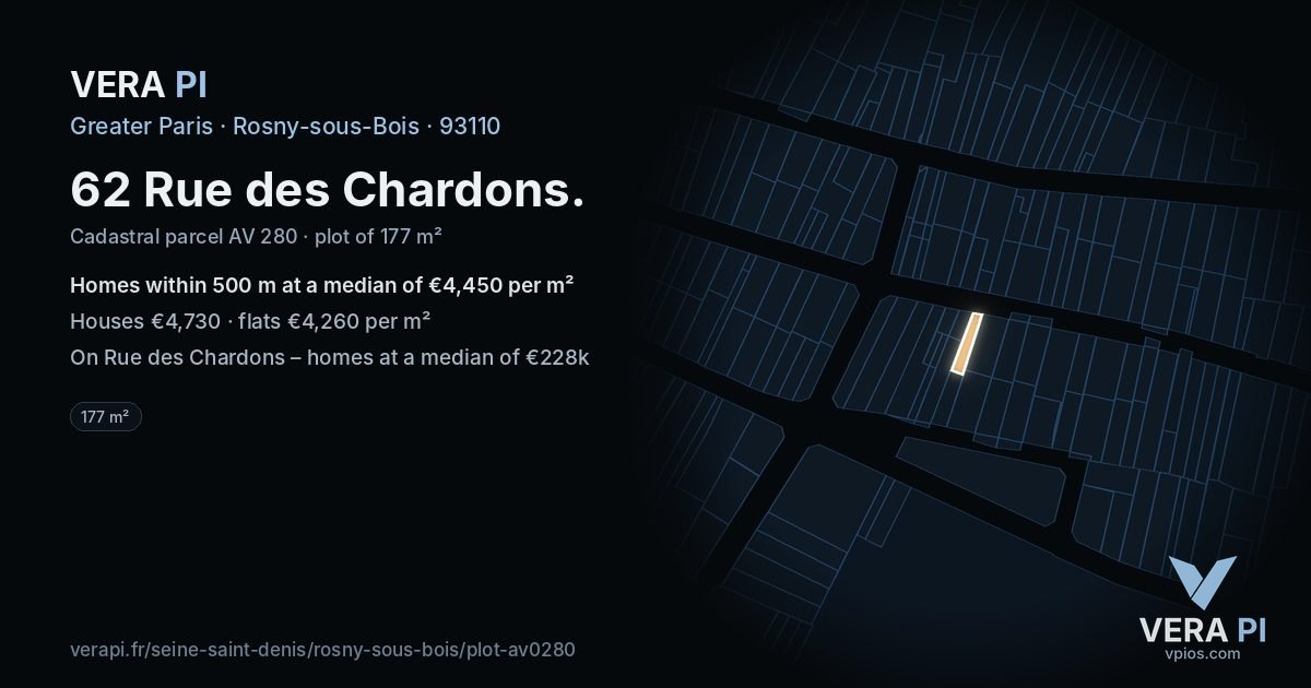 62 Rue des Chardons, Rosny-sous-Bois at night – the plot lit, the parcels around coloured by the prices near them