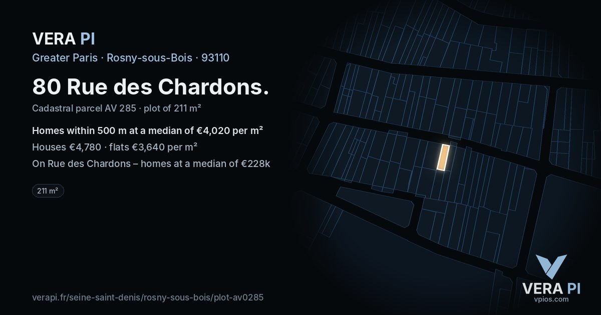 80 Rue des Chardons, Rosny-sous-Bois at night – the plot lit, the parcels around coloured by the prices near them