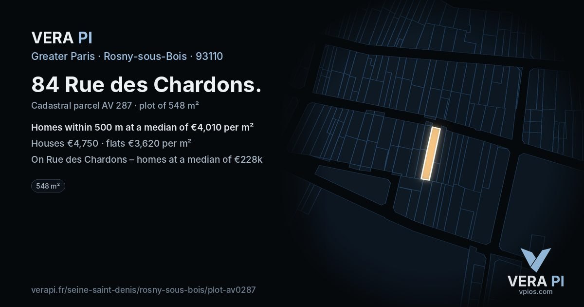 84 Rue des Chardons, Rosny-sous-Bois at night – the plot lit, the parcels around coloured by the prices near them