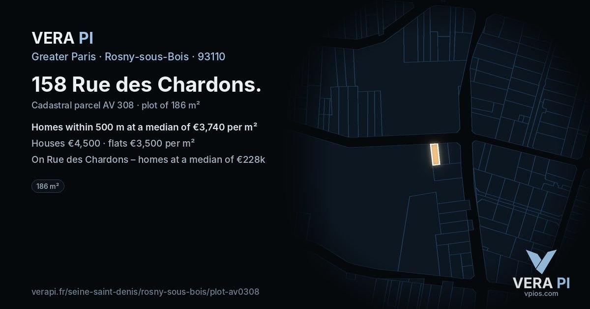 158 Rue des Chardons, Rosny-sous-Bois at night – the plot lit, the parcels around coloured by the prices near them