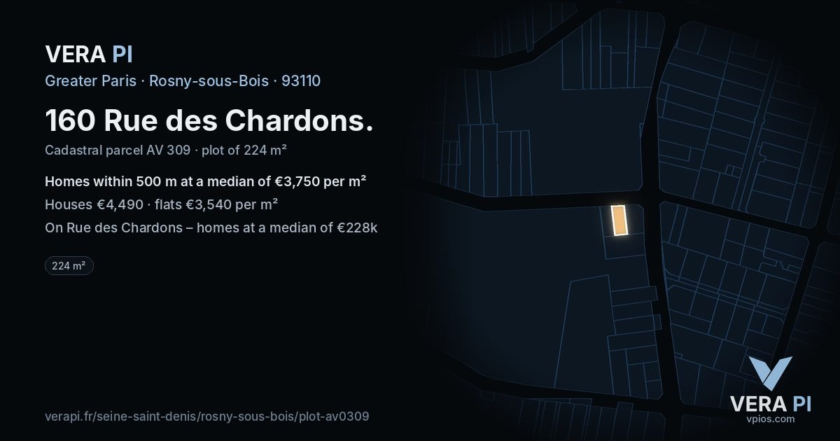 160 Rue des Chardons, Rosny-sous-Bois at night – the plot lit, the parcels around coloured by the prices near them