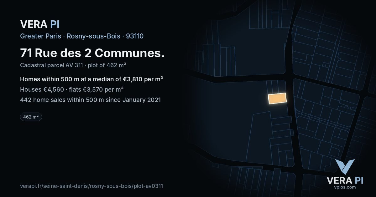 71 Rue des 2 Communes, Rosny-sous-Bois at night – the plot lit, the parcels around coloured by the prices near them